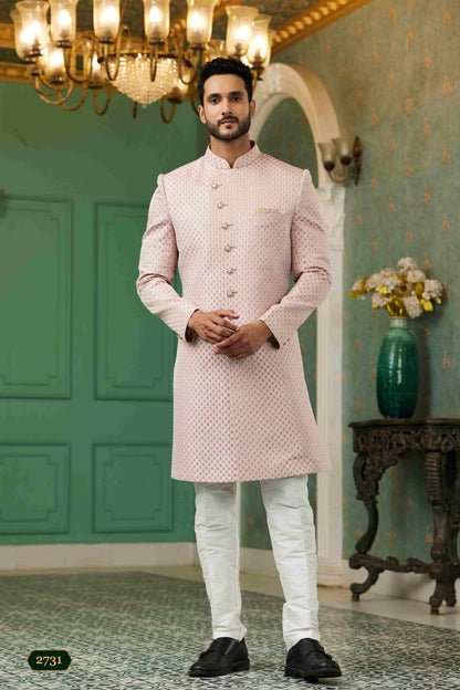Raivat Ethnic Mens Jacquard Silk Embroidery Work Sherwani In Onion Pink Colour