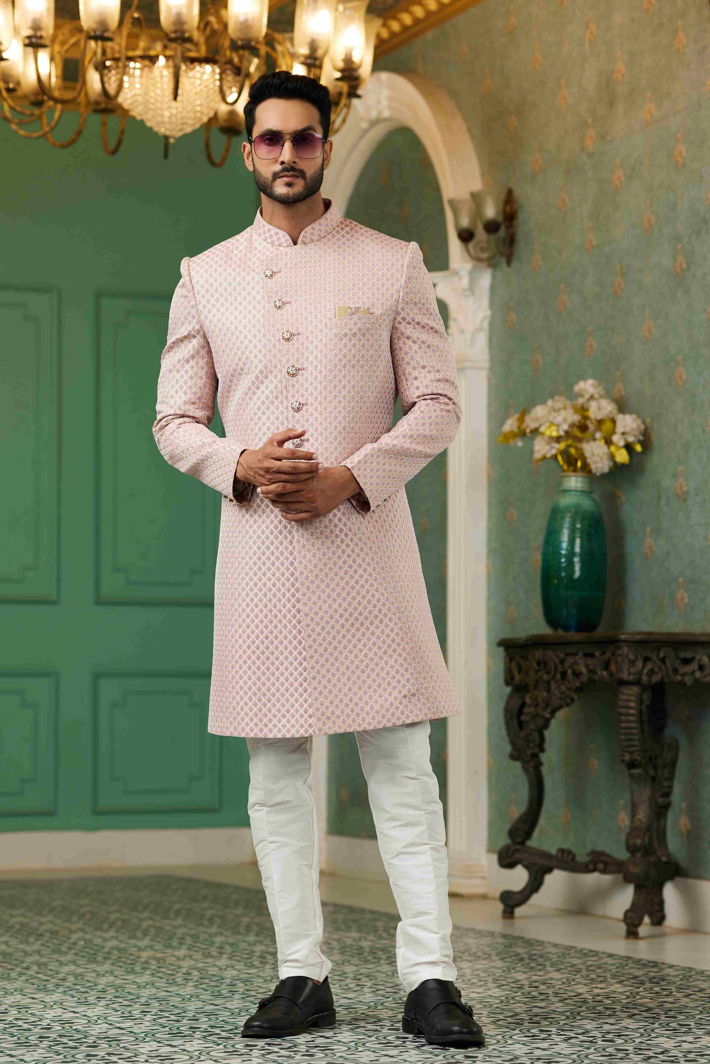 Raivat Ethnic Mens Jacquard Silk Embroidery Work Sherwani In Onion Pink Colour