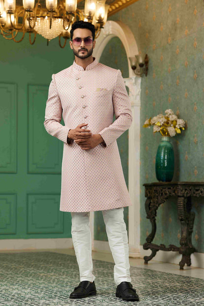 Raivat Ethnic Mens Jacquard Silk Embroidery Work Sherwani In Onion Pink Colour