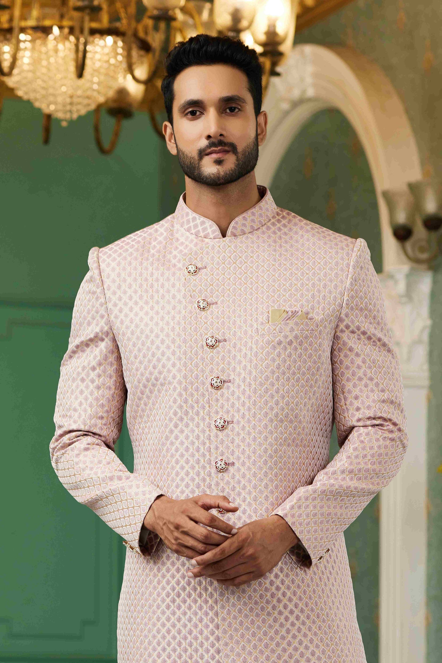 Raivat Ethnic Mens Jacquard Silk Embroidery Work Sherwani In Onion Pink Colour