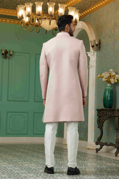 Raivat Ethnic Mens Jacquard Silk Embroidery Work Sherwani In Onion Pink Colour