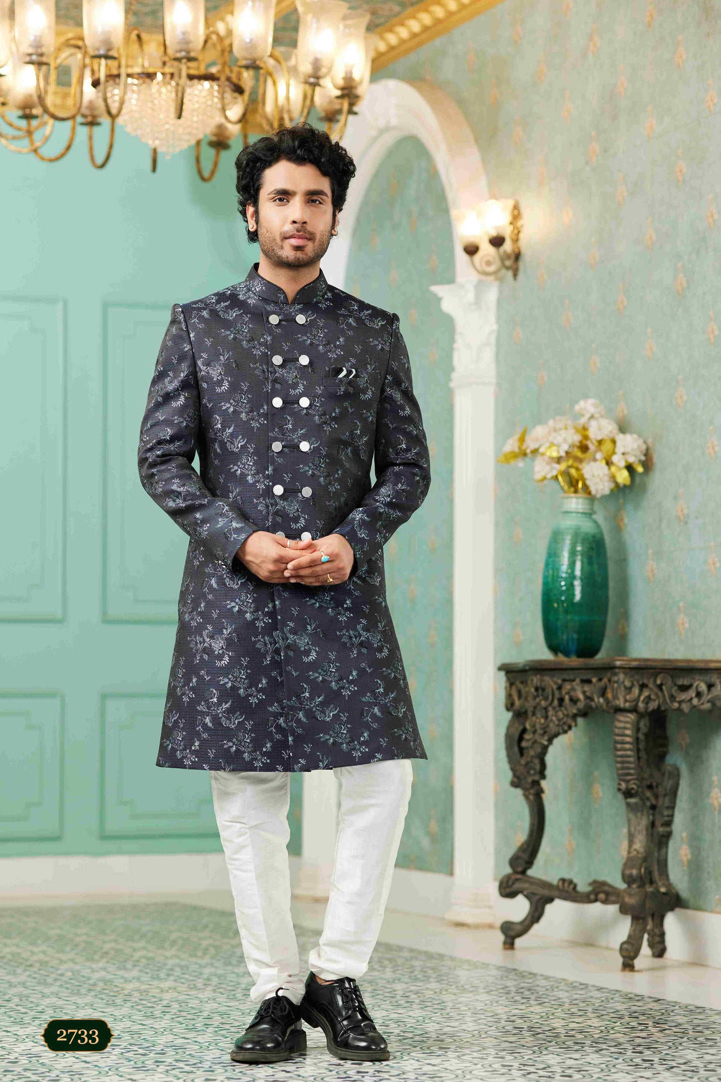 Raivat Ethnic Mens Jacquard Silk Embroidery Work Sherwani In Navy Blue Colour