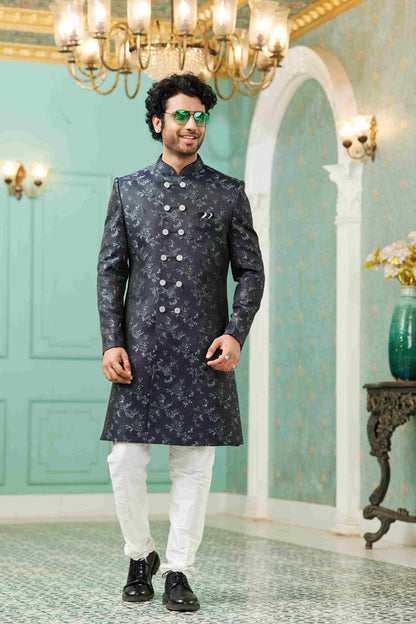 Raivat Ethnic Mens Jacquard Silk Embroidery Work Sherwani In Navy Blue Colour