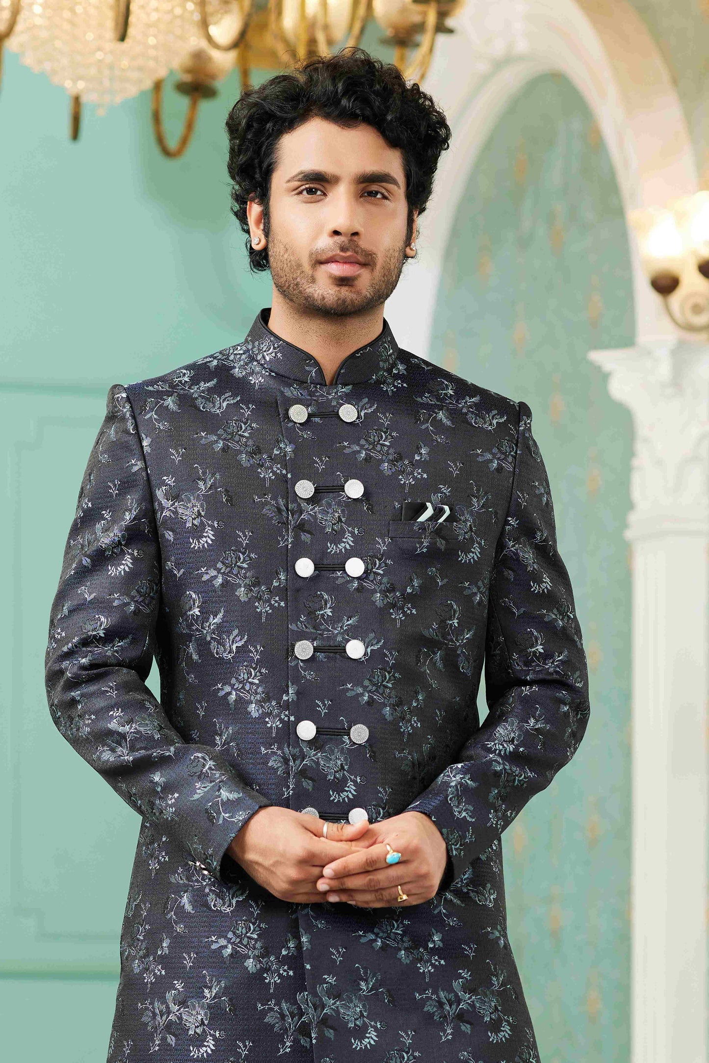 Raivat Ethnic Mens Jacquard Silk Embroidery Work Sherwani In Navy Blue Colour