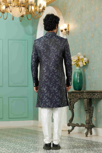 Raivat Ethnic Mens Jacquard Silk Embroidery Work Sherwani In Navy Blue Colour