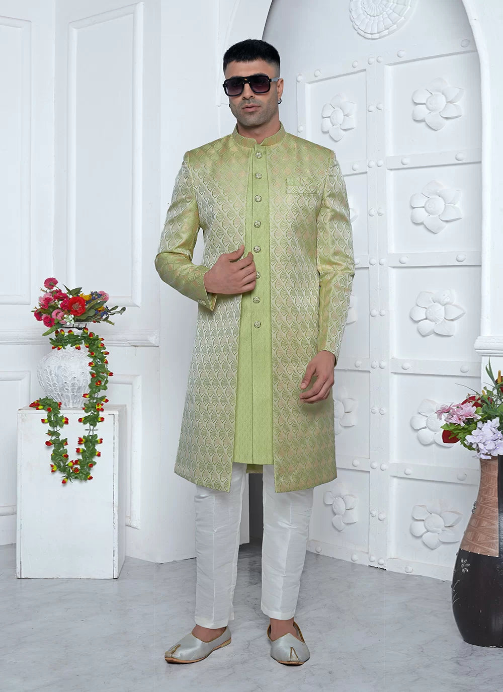 Raivat Ethnic Mens Jacquard Silk Embroidery Indo Western In Green Colour