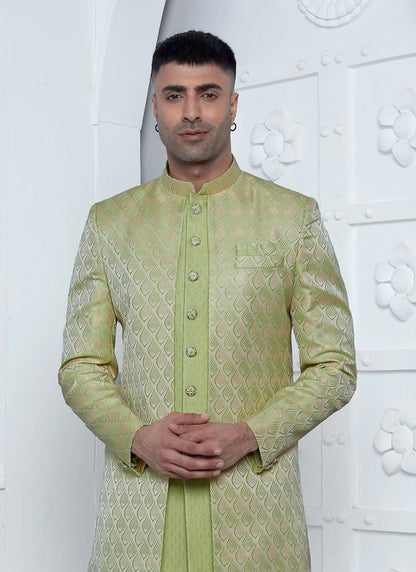 Raivat Ethnic Mens Jacquard Silk Embroidery Indo Western In Green Colour
