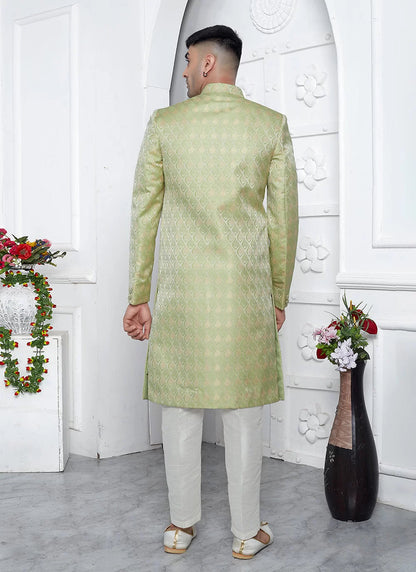 Raivat Ethnic Mens Jacquard Silk Embroidery Indo Western In Green Colour