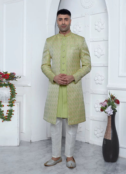 Raivat Ethnic Mens Jacquard Silk Embroidery Indo Western In Green Colour