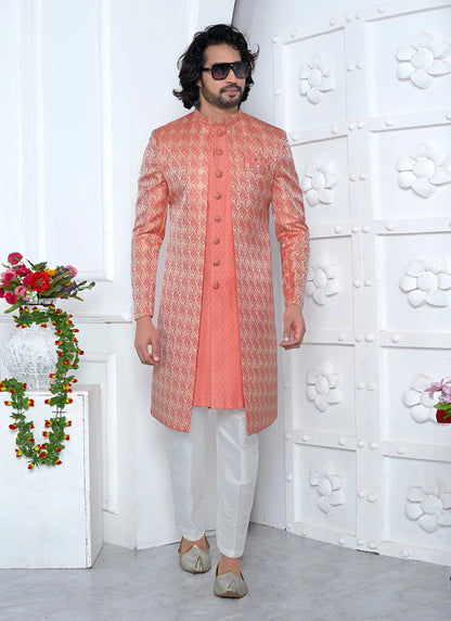 Raivat Ethnic Mens Jacquard Silk Embroidery Indo Western In Peach Pink Colour