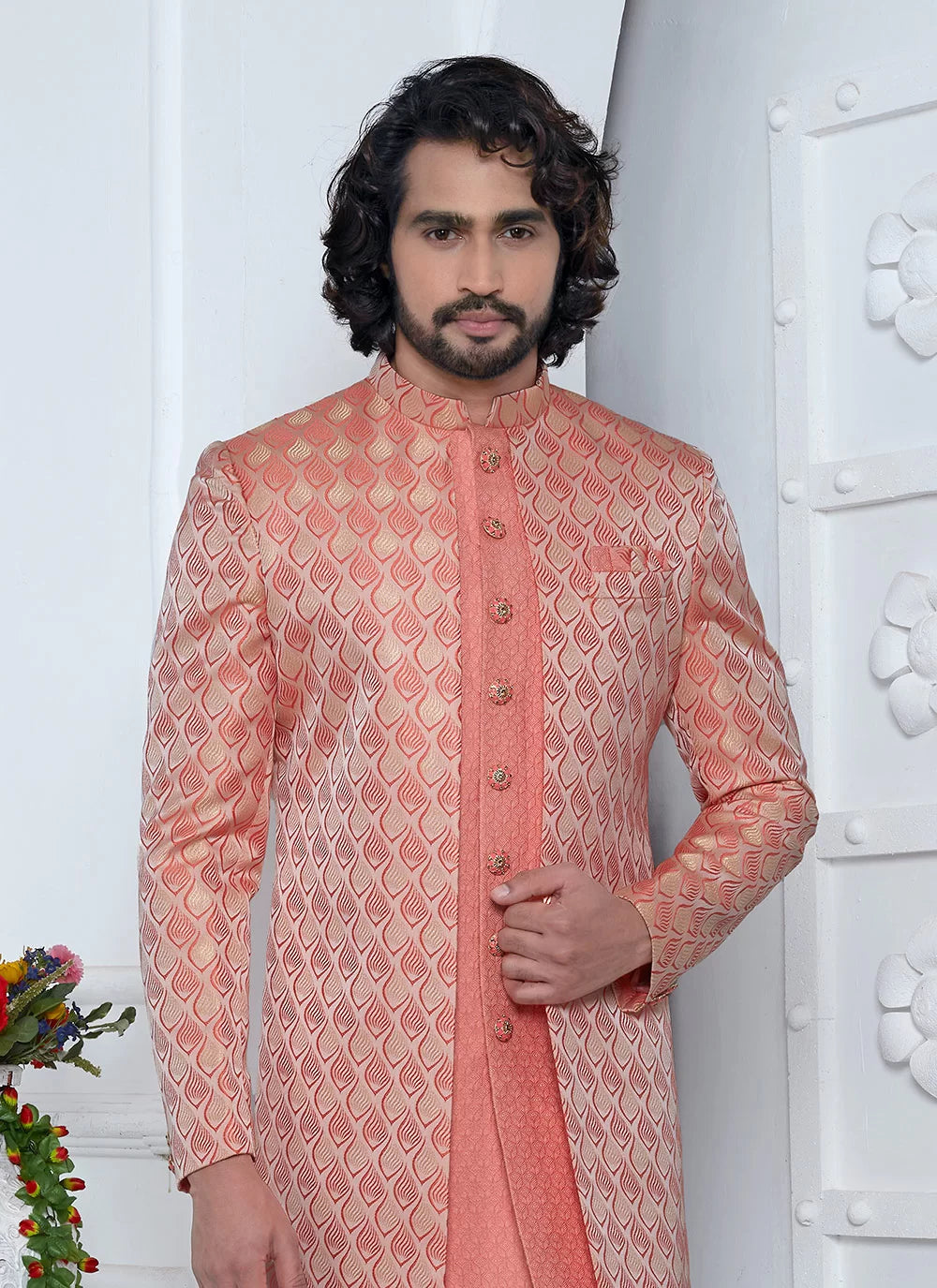 Raivat Ethnic Mens Jacquard Silk Embroidery Indo Western In Peach Pink Colour