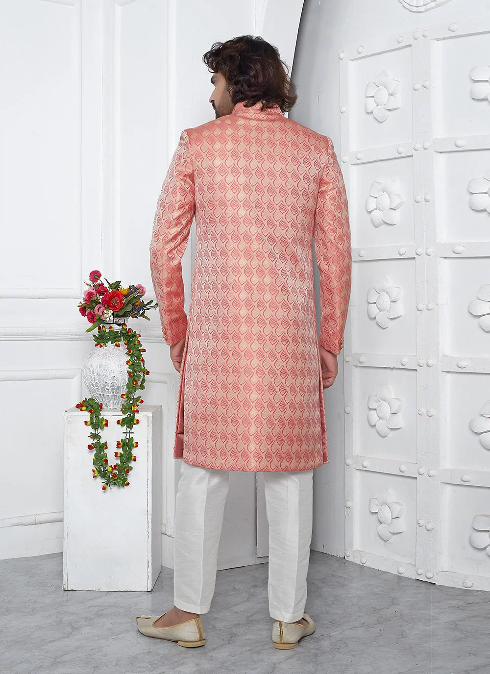Raivat Ethnic Mens Jacquard Silk Embroidery Indo Western In Peach Pink Colour