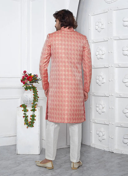 Raivat Ethnic Mens Jacquard Silk Embroidery Indo Western In Peach Pink Colour