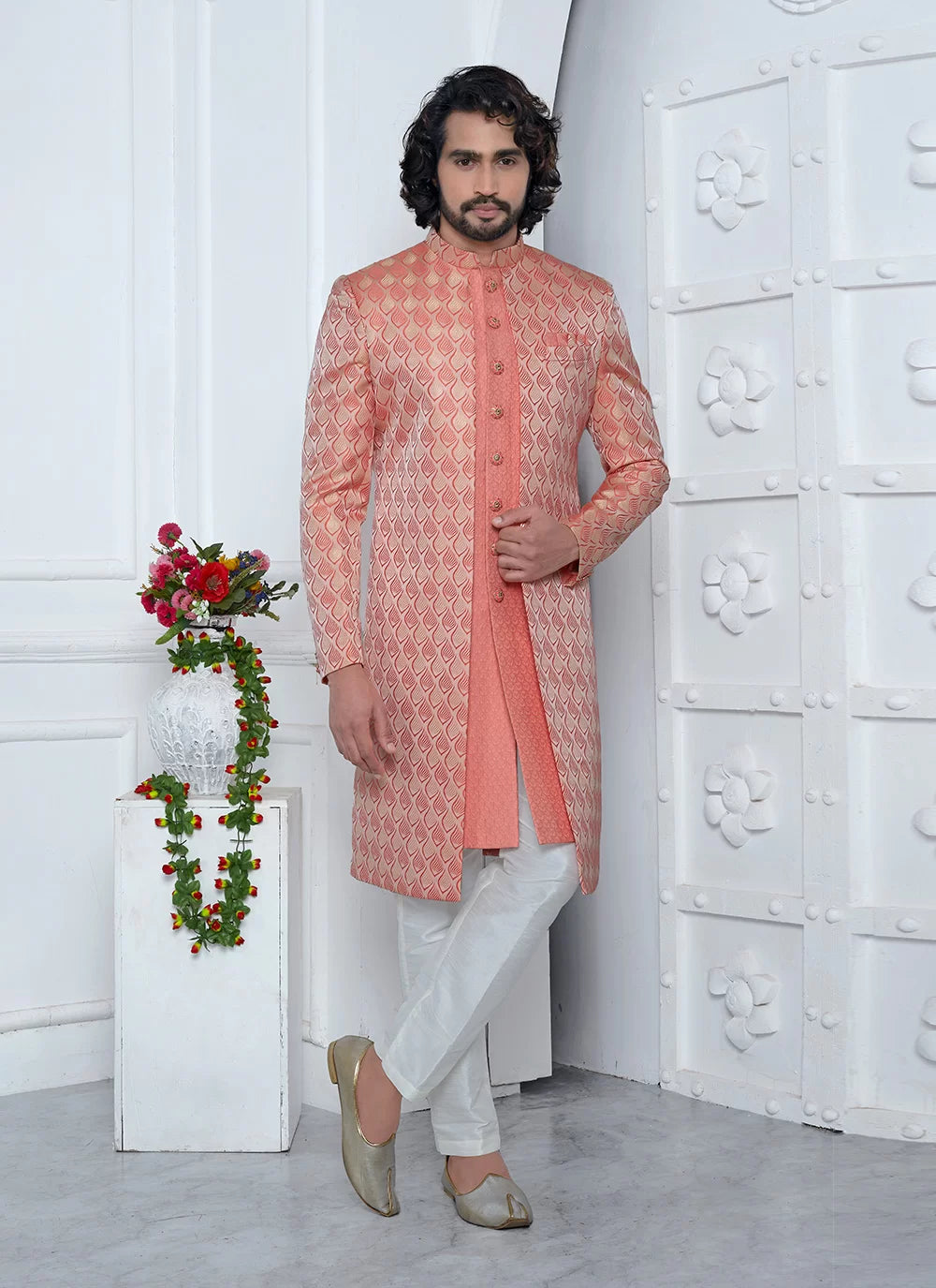 Raivat Ethnic Mens Jacquard Silk Embroidery Indo Western In Peach Pink Colour