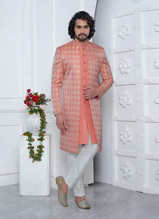 Raivat Ethnic Mens Jacquard Silk Embroidery Indo Western In Peach Pink Colour