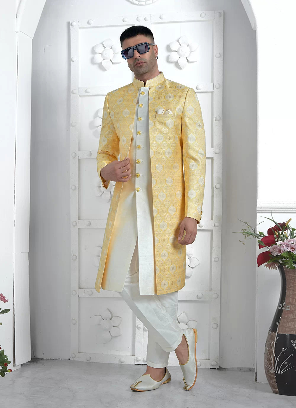 Raivat Ethnic Mens Jacquard Silk Embroidery Indo Western In Yellow Colour