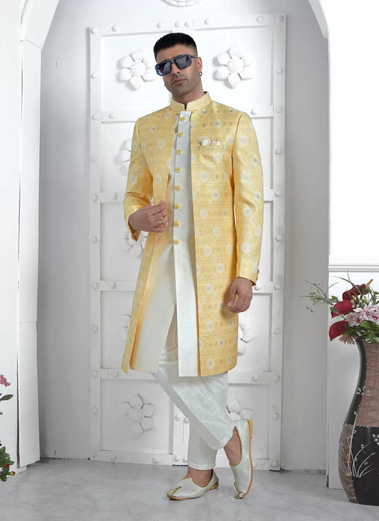 Raivat Ethnic Mens Jacquard Silk Embroidery Indo Western In Yellow Colour