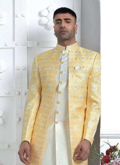 Raivat Ethnic Mens Jacquard Silk Embroidery Indo Western In Yellow Colour