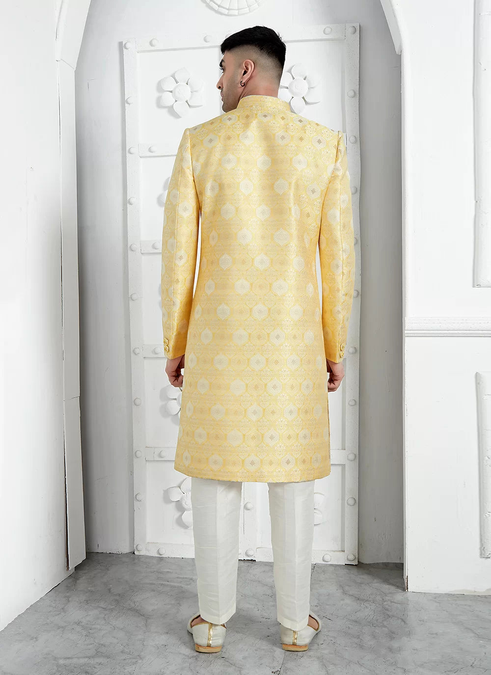 Raivat Ethnic Mens Jacquard Silk Embroidery Indo Western In Yellow Colour