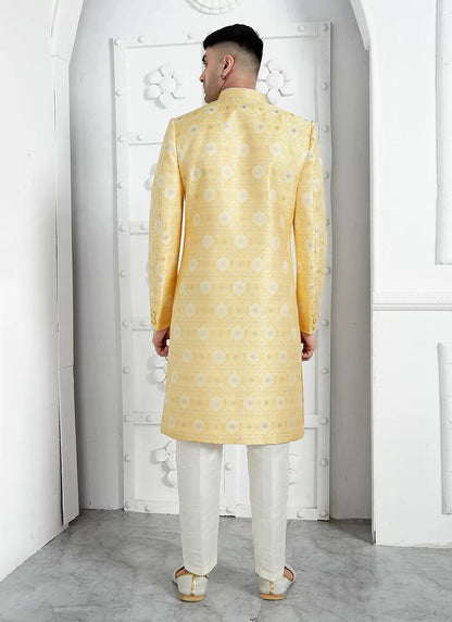 Raivat Ethnic Mens Jacquard Silk Embroidery Indo Western In Yellow Colour