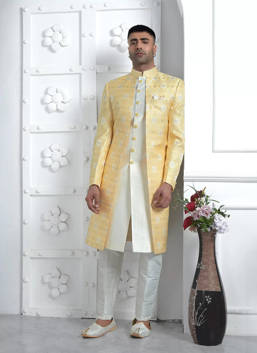 Raivat Ethnic Mens Jacquard Silk Embroidery Indo Western In Yellow Colour
