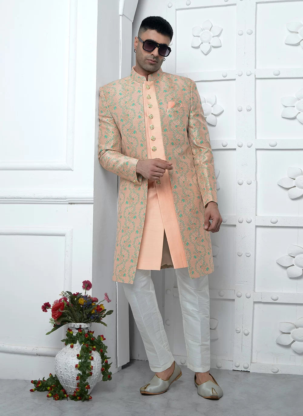 Raivat Ethnic Mens Jacquard Silk Embroidery Indo Western In Peach Colour