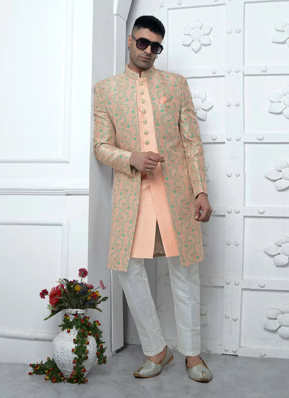 Raivat Ethnic Mens Jacquard Silk Embroidery Indo Western In Peach Colour