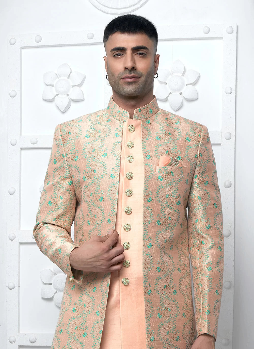 Raivat Ethnic Mens Jacquard Silk Embroidery Indo Western In Peach Colour