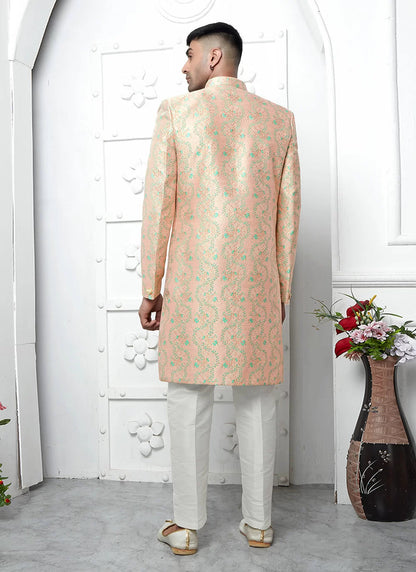 Raivat Ethnic Mens Jacquard Silk Embroidery Indo Western In Peach Colour
