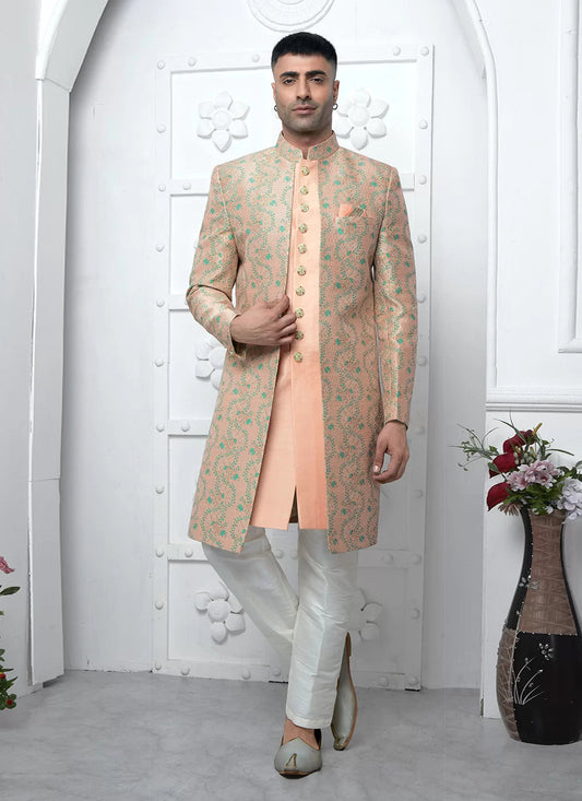 Raivat Ethnic Mens Jacquard Silk Embroidery Indo Western In Peach Colour