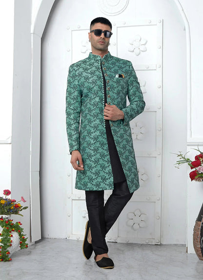 Raivat Ethnic Mens Jacquard Silk Embroidery Indo Western In Teal Green Colour