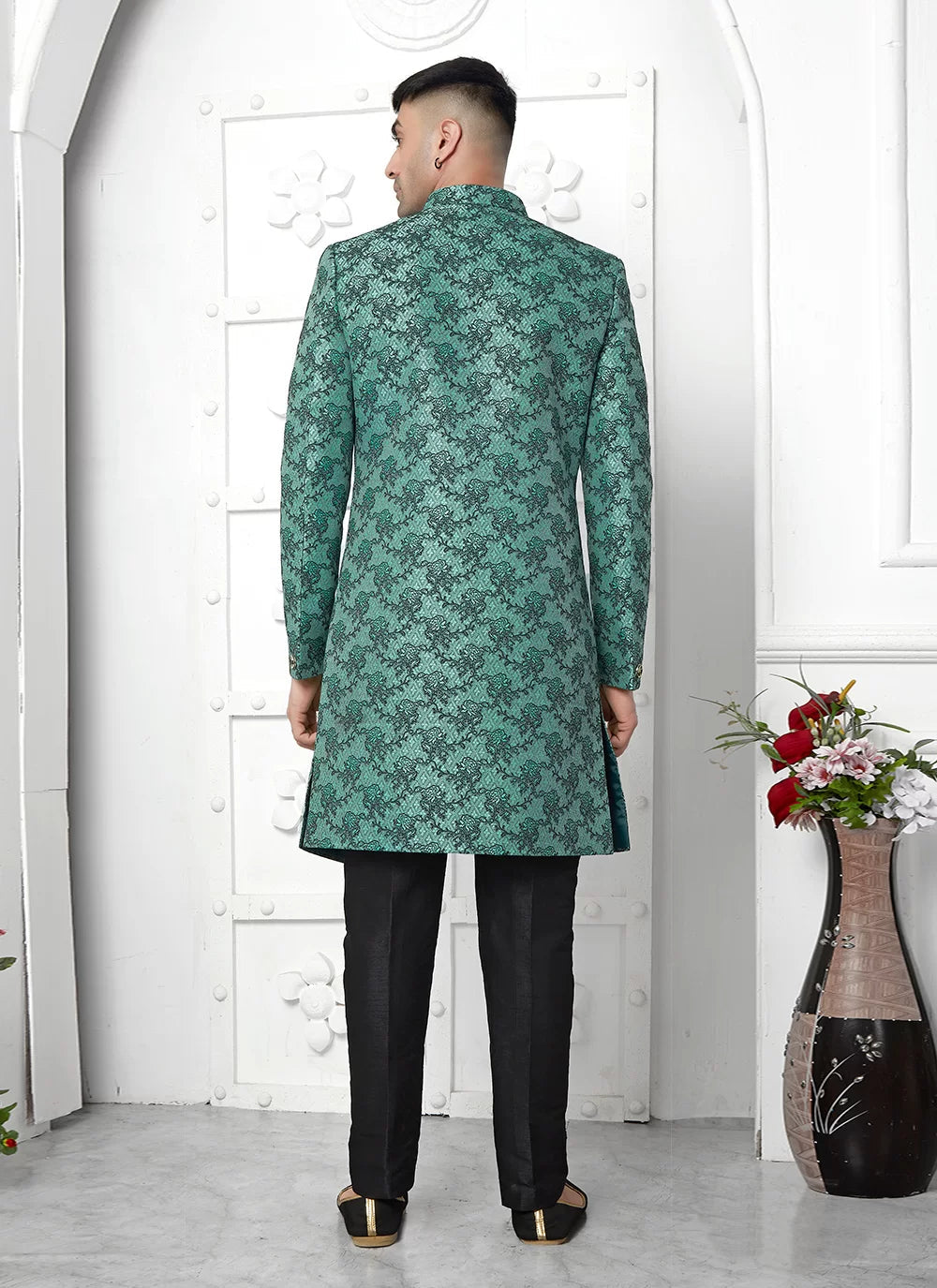 Raivat Ethnic Mens Jacquard Silk Embroidery Indo Western In Teal Green Colour