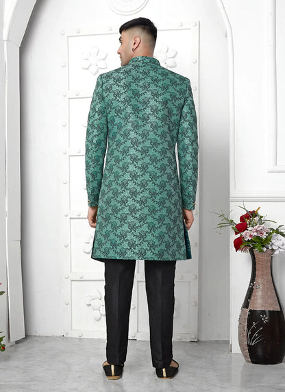 Raivat Ethnic Mens Jacquard Silk Embroidery Indo Western In Teal Green Colour
