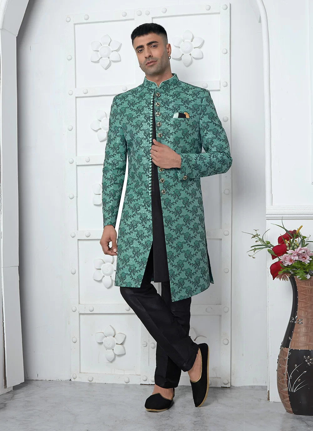 Raivat Ethnic Mens Jacquard Silk Embroidery Indo Western In Teal Green Colour