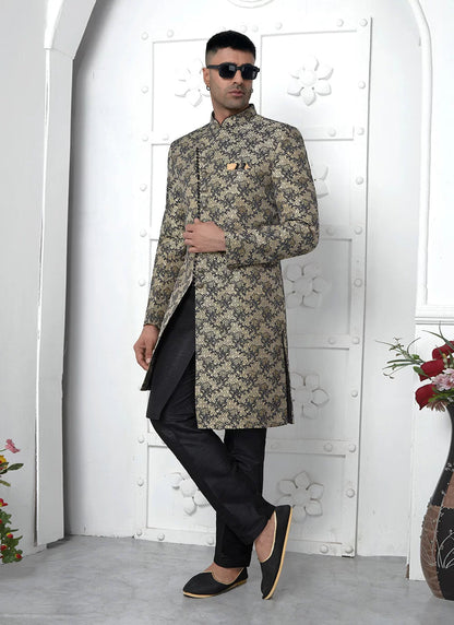 Raivat Ethnic Mens Jacquard Silk Embroidery Indo Western In Black Colour