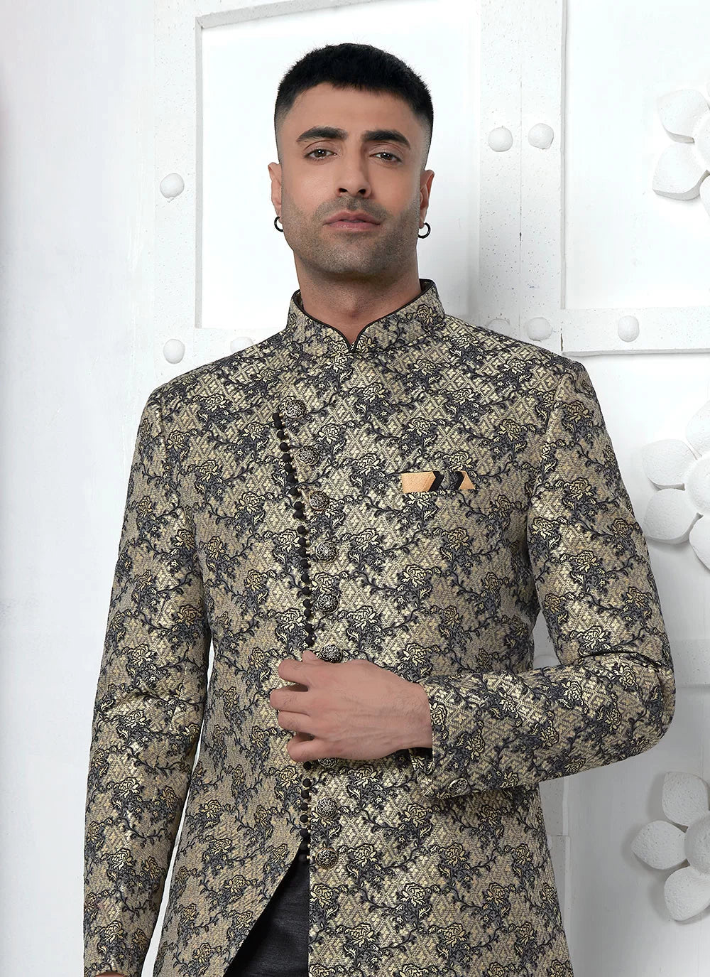 Raivat Ethnic Mens Jacquard Silk Embroidery Indo Western In Black Colour