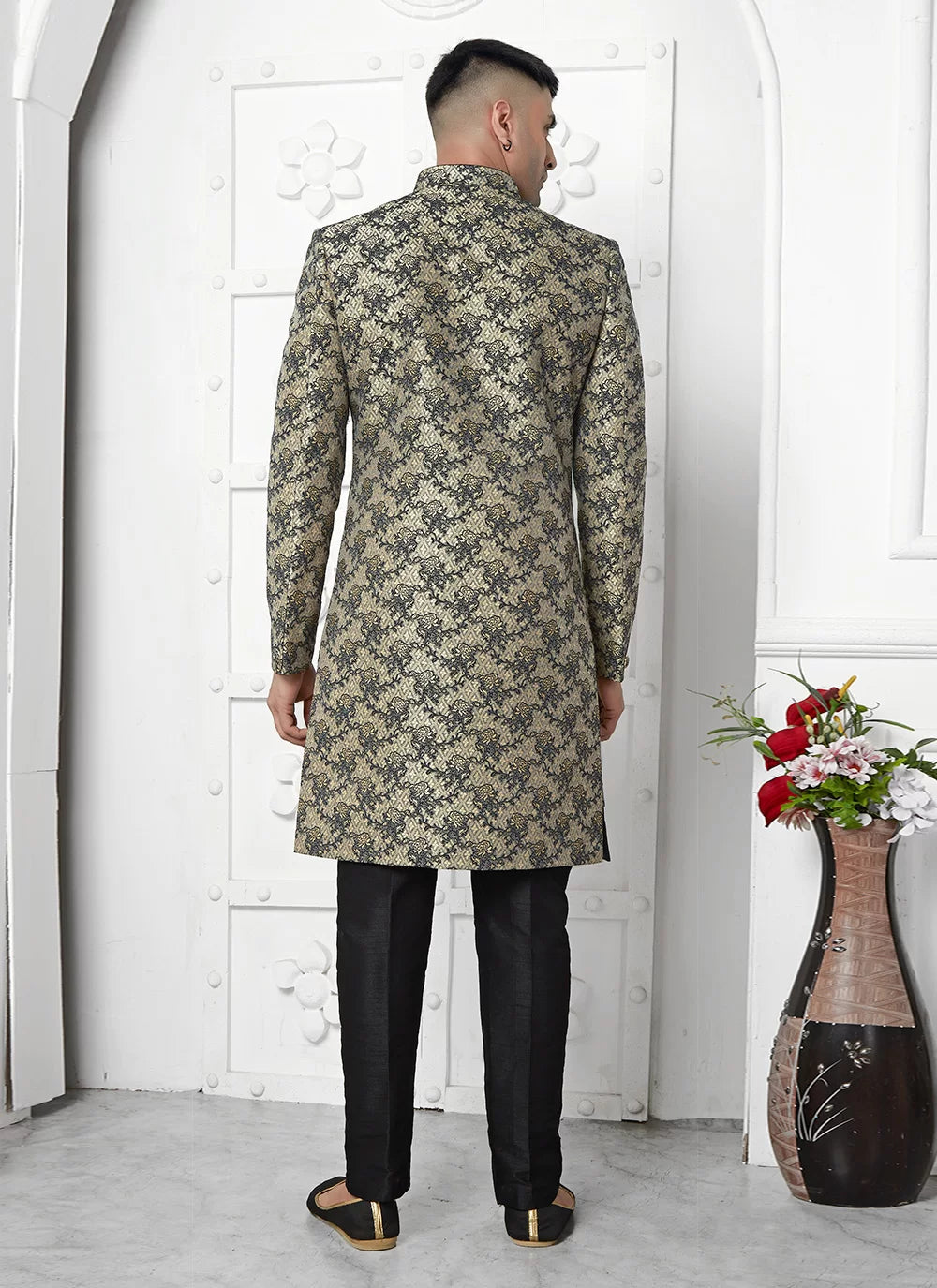 Raivat Ethnic Mens Jacquard Silk Embroidery Indo Western In Black Colour