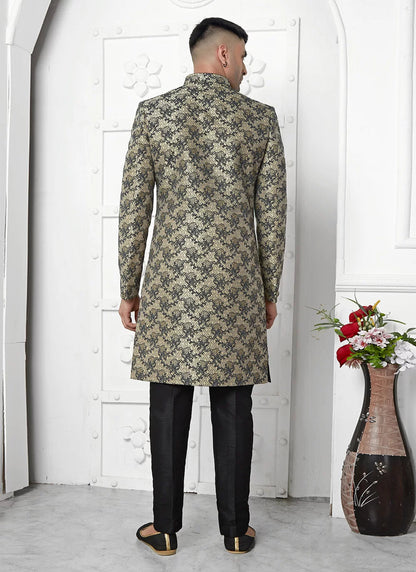 Raivat Ethnic Mens Jacquard Silk Embroidery Indo Western In Black Colour