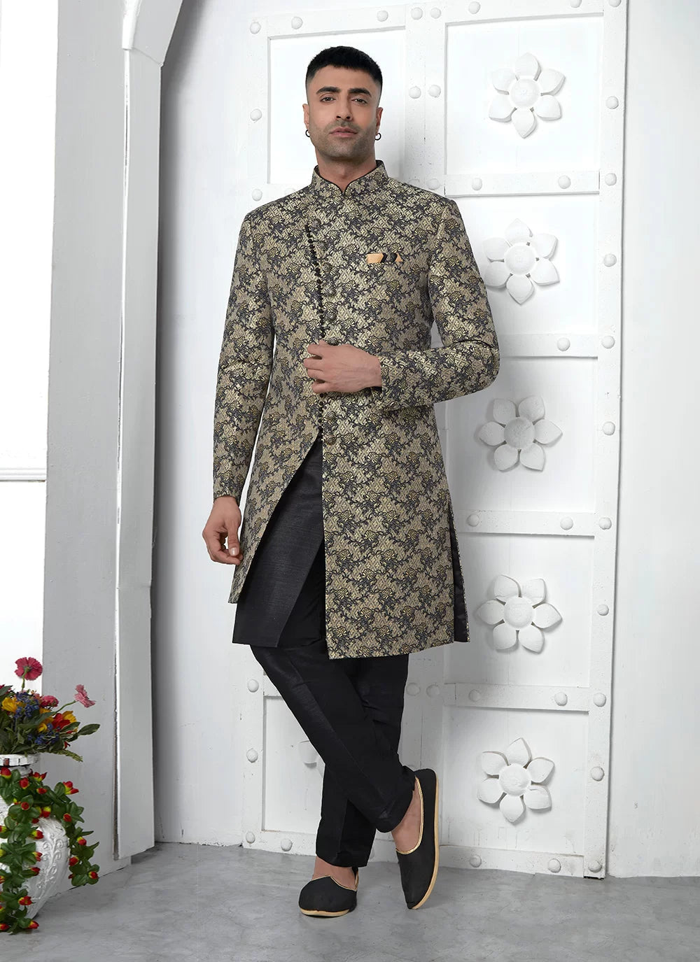 Raivat Ethnic Mens Jacquard Silk Embroidery Indo Western In Black Colour