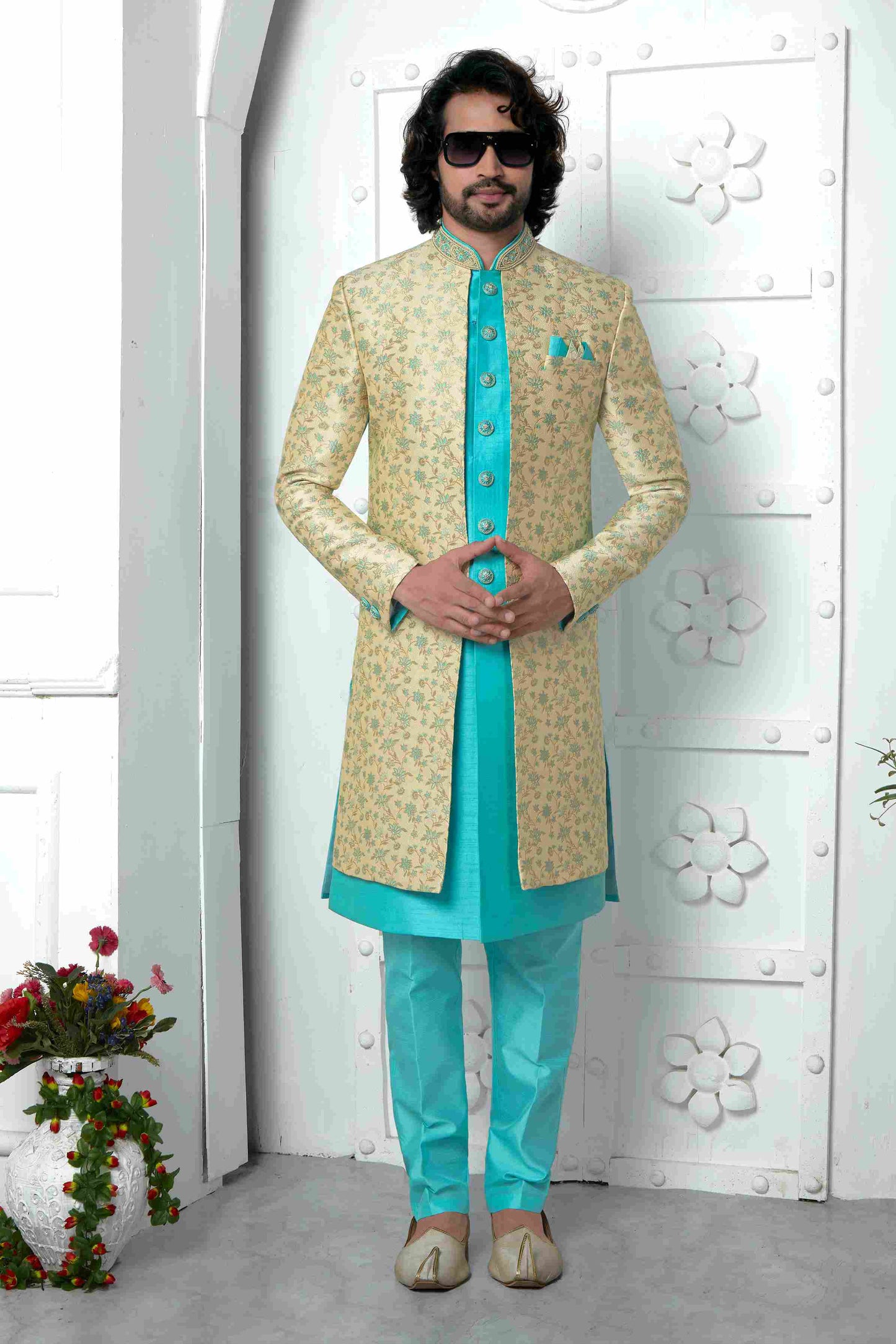 Raivat Ethnic Mens Jacquard Silk Embroidery Indo Western In Beige Pista Green Colour