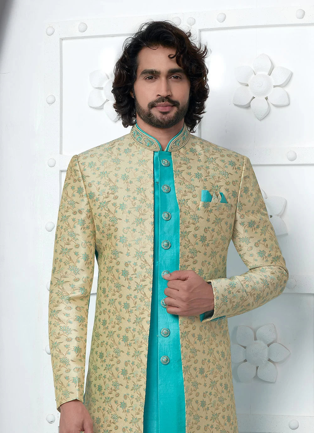 Raivat Ethnic Mens Jacquard Silk Embroidery Indo Western In Beige Pista Green Colour