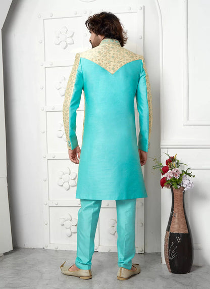 Raivat Ethnic Mens Jacquard Silk Embroidery Indo Western In Beige Pista Green Colour
