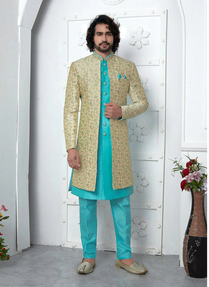 Raivat Ethnic Mens Jacquard Silk Embroidery Indo Western In Beige Pista Green Colour