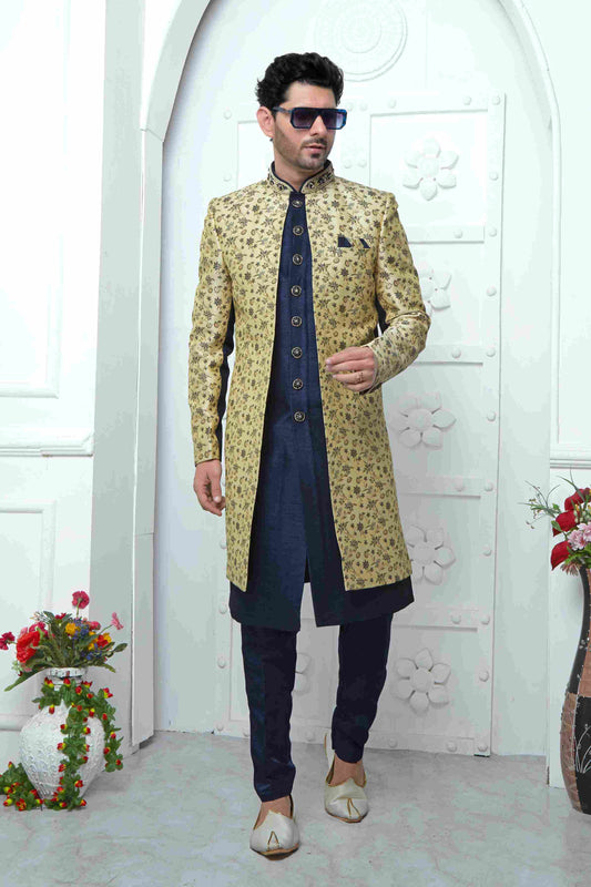 Raivat Ethnic Mens Jacquard Silk Embroidery Indo Western In Beige Blue Colour
