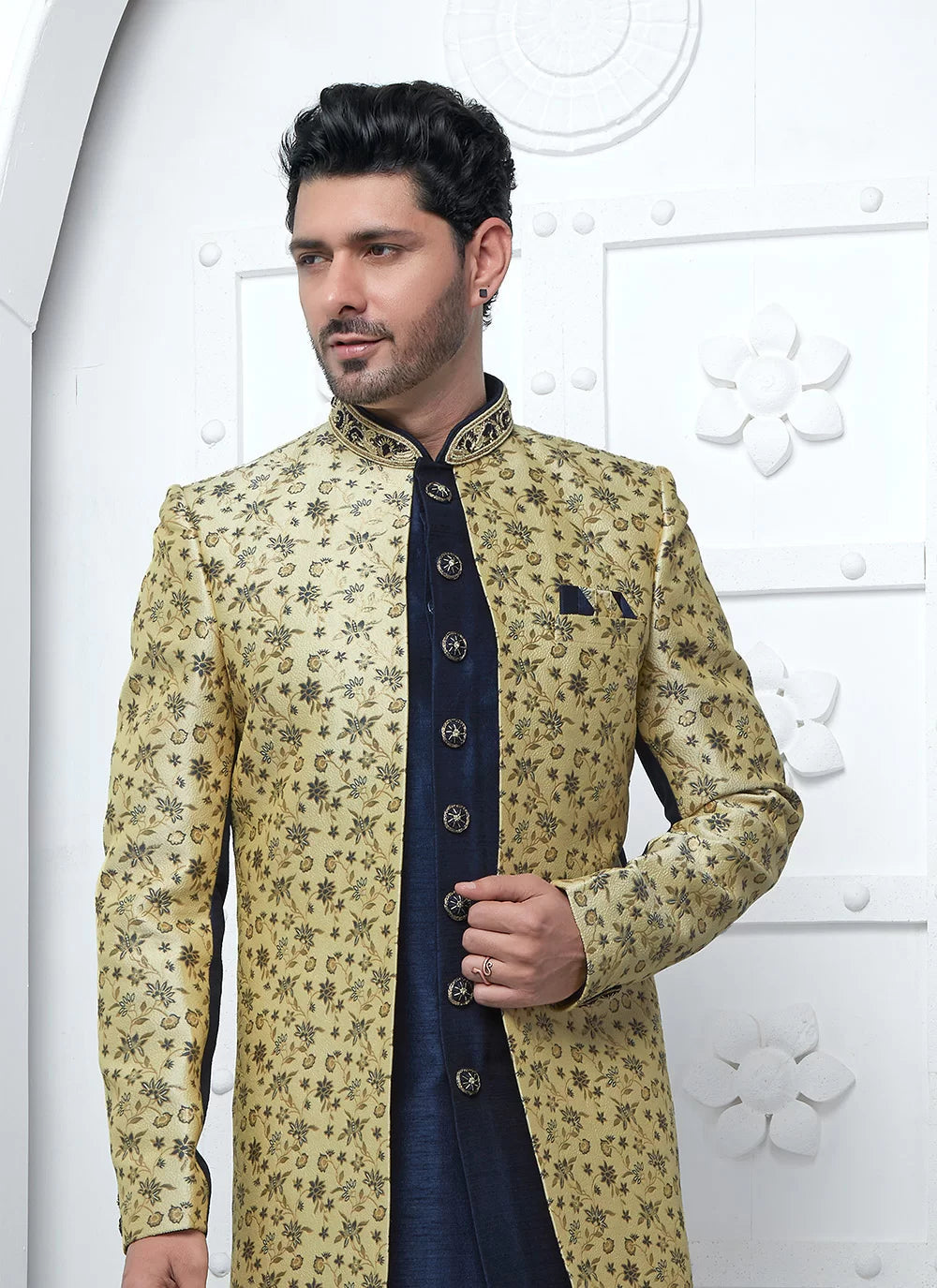 Raivat Ethnic Mens Jacquard Silk Embroidery Indo Western In Beige Blue Colour