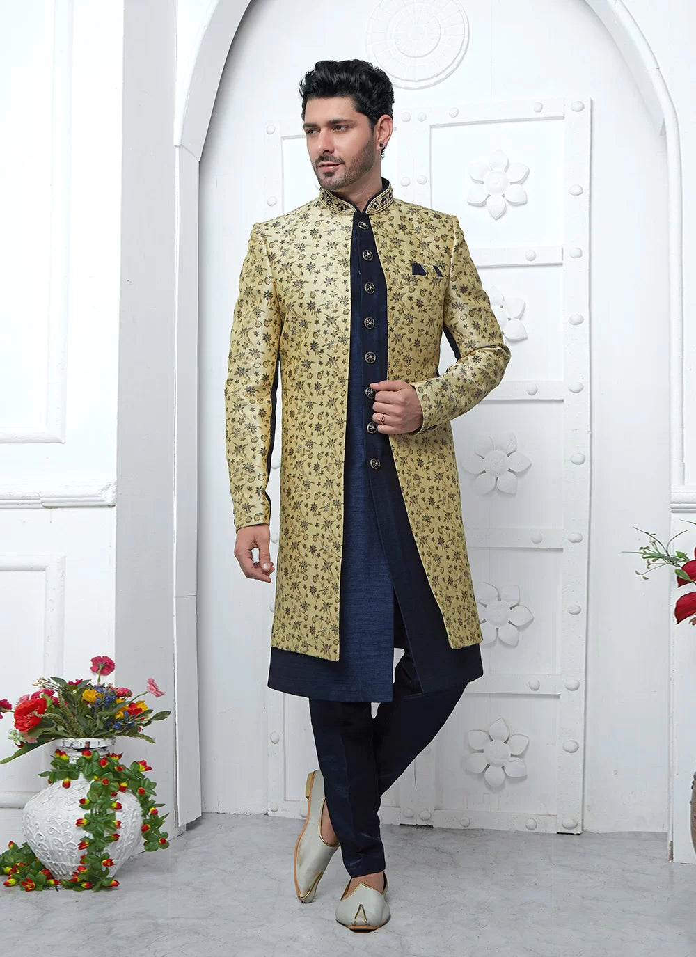 Raivat Ethnic Mens Jacquard Silk Embroidery Indo Western In Beige Blue Colour