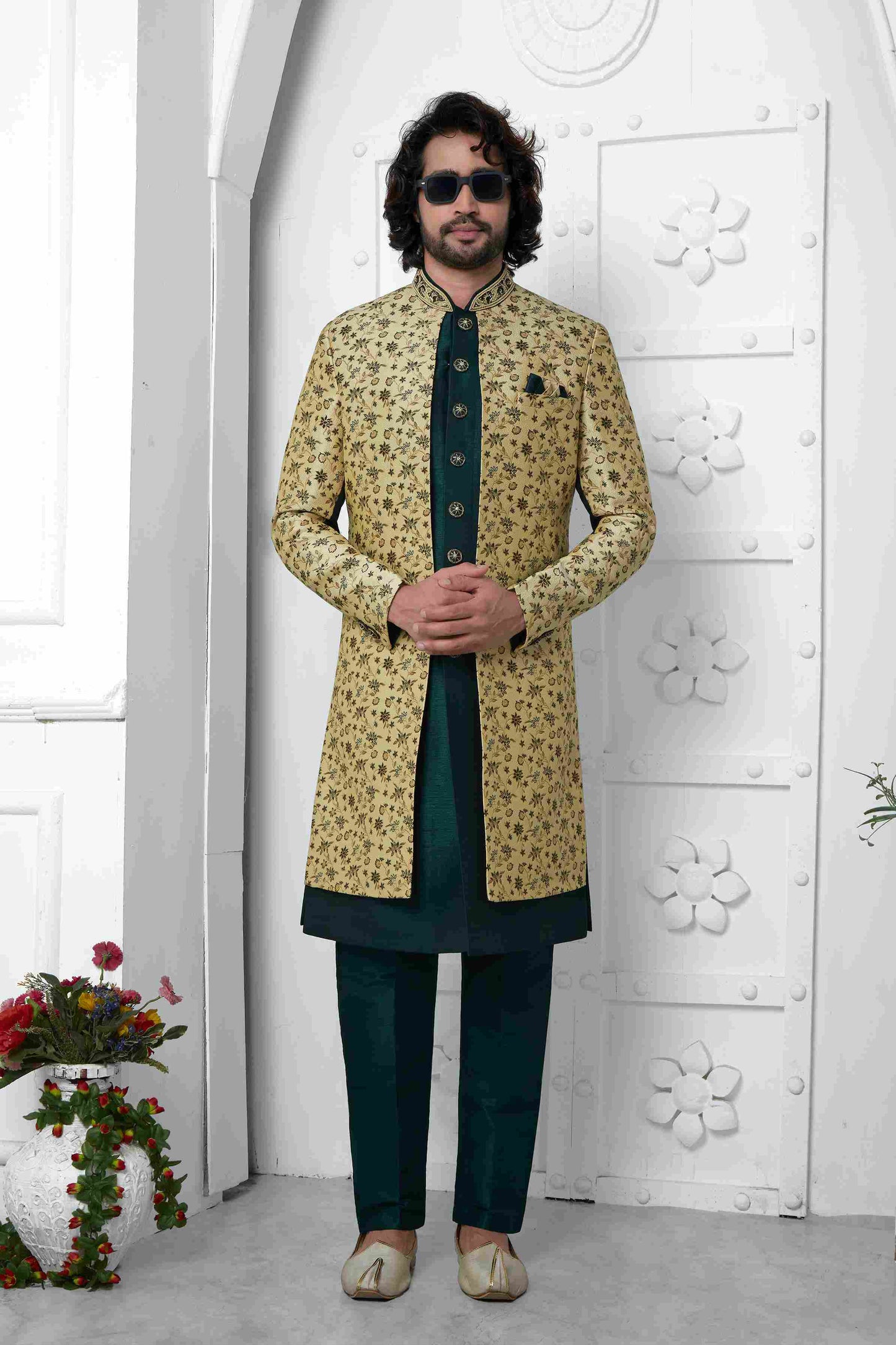 Raivat Ethnic Mens Jacquard Silk Embroidery Indo Western In Beige Green Colour