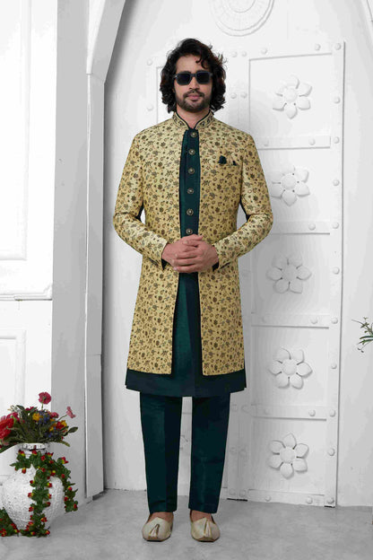 Raivat Ethnic Mens Jacquard Silk Embroidery Indo Western In Beige Green Colour