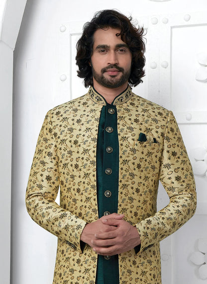 Raivat Ethnic Mens Jacquard Silk Embroidery Indo Western In Beige Green Colour