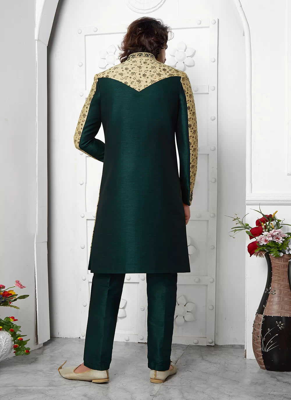 Raivat Ethnic Mens Jacquard Silk Embroidery Indo Western In Beige Green Colour